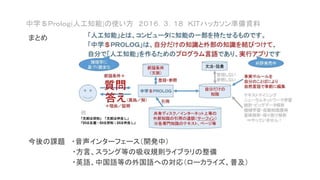 まとめ
今後の課題 ・音声インターフェース（開発中）
・方言、スラング等の吸収規則ライブラリの整備
・英語、中国語等の外国語への対応（ローカライズ、普及）
中学＄Ｐｒｏｌｏｇ(人工知能)の使い方 ２０１６．３．１８ ＫＩＴハッカソン準備資料
 