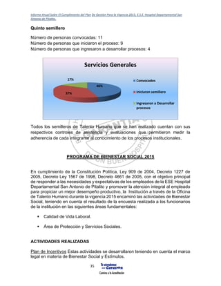 Informe Anual Sobre El Cumplimiento del Plan De Gestión Para la Vigencia 2015, E.S.E. Hospital Departamental San
Antonio de Pitalito.
35
Quinto semillero
Número de personas convocadas: 11
Número de personas que iniciaron el proceso: 9
Número de personas que ingresaron a desarrollar procesos: 4
Todos los semilleros de Talento Humano que se han realizado cuentan con sus
respectivos controles de asistencia y evaluaciones que permitieron medir la
adherencia de cada integrante al conocimiento de los procesos institucionales.
PROGRAMA DE BIENESTAR SOCIAL 2015
En cumplimiento de la Constitución Política, Ley 909 de 2004, Decreto 1227 de
2005, Decreto Ley 1567 de 1998, Decreto 4661 de 2005, con el objetivo principal
de responder a las necesidades y expectativas de los empleados de la ESE Hospital
Departamental San Antonio de Pitalito y promover la atención integral al empleado
para propiciar un mejor desempeño productivo, la Institución a través de la Oficina
de Talento Humano durante la vigencia 2015 encaminó las actividades de Bienestar
Social, teniendo en cuenta el resultado de la encuesta realizada a los funcionarios
de la institución en las siguientes áreas fundamentales:
 Calidad de Vida Laboral.
 Área de Protección y Servicios Sociales.
ACTIVIDADES REALIZADAS
Plan de Incentivos Estas actividades se desarrollaron teniendo en cuenta el marco
legal en materia de Bienestar Social y Estímulos.
46%
37%
17%
Servicios Generales
Convocados
Iniciaron semillero
Ingresaron a Desarrollar
procesos
 