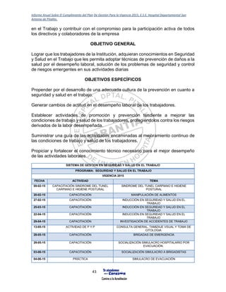 Informe Anual Sobre El Cumplimiento del Plan De Gestión Para la Vigencia 2015, E.S.E. Hospital Departamental San
Antonio de Pitalito.
43
en el Trabajo y contribuir con el compromiso para la participación activa de todos
los directivos y colaboradores de la empresa
OBJETIVO GENERAL
Lograr que los trabajadores de la Institución, adquieran conocimientos en Seguridad
y Salud en el Trabajo que les permita adoptar técnicas de prevención de daños a la
salud por el desempeño laboral, solución de los problemas de seguridad y control
de riesgos emergentes en sus actividades diarias
OBJETIVOS ESPECÍFICOS
Propender por el desarrollo de una adecuada cultura de la prevención en cuanto a
seguridad y salud en el trabajo.
Generar cambios de actitud en el desempeño laboral de los trabajadores.
Establecer actividades de promoción y prevención tendiente a mejorar las
condiciones de trabajo y salud de los trabajadores, protegiéndolos contra los riesgos
derivados de la labor desempeñada.
Suministrar una guía de las actividades encaminadas al mejoramiento continuo de
las condiciones de trabajo y salud de los trabajadores.
Propiciar y fortalecer el conocimiento técnico necesario para el mejor desempeño
de las actividades laborales.
SISTEMA DE GESTION EN SEGURIDAD Y SALUD EN EL TRABAJO
PROGRAMA: SEGURIDAD Y SALUD EN EL TRABAJO
VIGENCIA 2015
FECHA ACTIVIDAD TEMA
09-02-15 CAPACITACIÓN SINDROME DEL TUNEL
CARPIANO E HIGIENE POSTURAL
SINDROME DEL TUNEL CARPIANO E HIGIENE
POSTURAL
20-02-15 CAPACITACIÓN MANIPULACIÓN DE ALIMENTOS
27-02-15 CAPACITACIÓN INDUCCIÓN EN SEGURIDAD Y SALUD EN EL
TRABAJO
25-03-15 CAPACITACIÓN INDUCCIÓN EN SEGURIDAD Y SALUD EN EL
TRABAJO
22-04-15 CAPACITACIÓN INDUCCIÓN EN SEGURIDAD Y SALUD EN EL
TRABAJO
29-04-15 CAPACITACIÓN INVESTIGACIÓN DE ACCIDENTES DE TRABAJO
13-05-15 ACTIVIDAD DE P Y P CONSULTA GENERAL, TAMIZAJE VSUAL Y TOMA DE
CITOLOGIA
28-05-15 CAPACITACIÓN BRIGADAS DE EMERGENCIA
29-05-15 CAPACITACIÓN SOCIALIZACIÓN SIMULACRO HOSPITALARIO POR
EVACUACIÓN.
03-06-15 CAPACITACIÓN SOCIALIZACIÓN SIMULACRO A BRIGADISTAS
04-06-15 PRÁCTICA SIMULACRO DE EVACUACIÓN
 