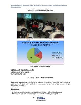 Informe Anual Sobre El Cumplimiento del Plan De Gestión Para la Vigencia 2015, E.S.E. Hospital Departamental San
Antonio de Pitalito.
47
TALLER - RIESGO PSICOSOCIAL
INDICADOR DE CUMPLIMIENTO
ACTIVIDADES PROGRAMADAS: 24
ACTIVIDADES EJECUTADAS: 24
CUMPLIMIENTO: 100%
2.3 GESTIÓN DE LA INFORMACIÓN
Meta plan de Gestión: Estructurar un Sistema de Información Integral que permita la
optimización de los software existentes y que a la vez sea funcional en la comunicación con
los clientes externos.
Estrategias:
a. Sistemas de Información: Optimización del Software Asistencial y Software
Administrativo, para la eficiencia del flujo de la información y sus reportes.
24
24
100
INDICADOR DE CUMPLIMIENTO EN SEGURIDAD
Y SALUD EN EL TRABAJO
PROGRAMADAS
EJECUTADAS
CUMPLIMIENTO
 