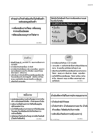26/02/59
10
ชนิดา ปโชติการ
ทําอย่างไรถ้าต้องกินโปรตีนตํ่า
แต่แอลบูลมินตํ่า
•เพิ่มพลังงานโดย เพิ่มเมนู
จากแป้ งปลอด
•ดัดแปลงเมนูจากไข่ขาว
ชนิดา ปโชติการ
ใช้แป้ งโปรตีนตํ่าในการเพิ่มพลังงานแต่
ไม่เพิ่มโปรตีน
1 ทัพพีให้โปรตีนน้อย ให้พลังงาน = 70 แคลอรี
•วุ้นเส้น
•แป้งมัน
•สาคู
•เส้นเซี่ยงไฮ้
ชนิดา ปโชติการ
• ส่วนที่ 3 และ 4 หมายถึง ½ ของจานเป็ นอาหาร
หมวดผัก
• ควรเลือกกินผักสุกมื้อละ 2 ทัพพี
• ควรเลือกกินผักสีอ่อนๆ เช่น บวบเหลี่ยม แตงกวา
(เอาเมล็ดออก) แตงร้าน ฟักเขียว หอมหัวใหญ่
ผักกาดขาว พริกหวาน
• หลีกเลี่ยงการกินผักที่มีโพแทสเซียมสูงเมื่อระดับ
โพแทสเซียมเกิน 5.5 mg/dl เห็ดโคน ผักโขม
ชะอม หน่อไม้ฝรั่ง มันเทศ มันฝรั่ง มะเขือเทศ
บร็อคโคลี่ แครอทดิบ
ส่วนที่ 3-4
ชนิดา ปโชติการ
• ควรเลือกผลไม้วันละ 1-2 จานเล็ก
• 1จานเล็ก = ผลไม้ 8-10 ชิ้นคําหรือผลไม้ขนาด
กลาง 4 ผลหรือ ผลไม้ขนาดใหญ่ 1 ผล
• เลือกกินผลไม้ที่มีโพแทสเซียมตํ่าและปานกลาง
ได้แก่ ชมพู่ เงาะ สับปะรด มังคุด องุ่นเขียว
• ผลไม้ที่มีโพแทสเซียมสูง ได้แก่ ทุเรียน กล้วย
ลําไย น้อยหน่า ขนุน มะเฟือง แคนตาลูป และ
ผลไม้แห้ง
ผลไม้
ชนิดา ปโชติการ
พลังงาน
• แหล่งของพลังงานส่วนใหญ่มาจาการกิน
ข้าว แป้ งปลอดโปรตีน นํ้าตาลและนํ้ามัน
• พลังงานที่ผู้ป่ วยควรจะได้รับขึ้นอยู่กับ
ผู้ป่ วยแต่ละราย
• ควรได้รับพลังงานจากอาหารให้เพียงพอ
ในแต่ละวันเพื่อป้ องกันไม่ให้เกิดภาวะ
กล้ามเนื้อลีบ
• ชนิดของไขมันส่วนใหญ่ ควรเป็ นไขมันดี
(ไขมันไม่อิ่มตัว) ชนิดา ปโชติการ
นํ้ามันที่ควรใช้ในการประกอบอาหาร
• นํ้ามันปาล์มไว้ทอด
• นํ้ามันรําข้าว นํ้ามันดอกทานตะวัน นํ้ามัน
ถั่วเหลือง ใช้สลับกันในการผัด
• หลีกเลี่ยงไขมันทรานซ์(เนยขาว)
ที่มา: เชาวลิต รัตนกุล
 