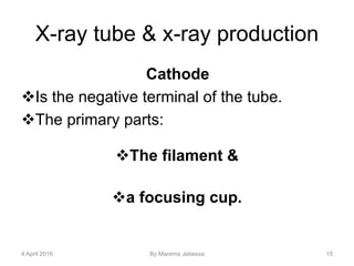 X-ray tube & x-ray production
Cathode
Is the negative terminal of the tube.
The primary parts:
The filament &
a focusing cup.
4 April 2016 By Marema Jebessa 15
 