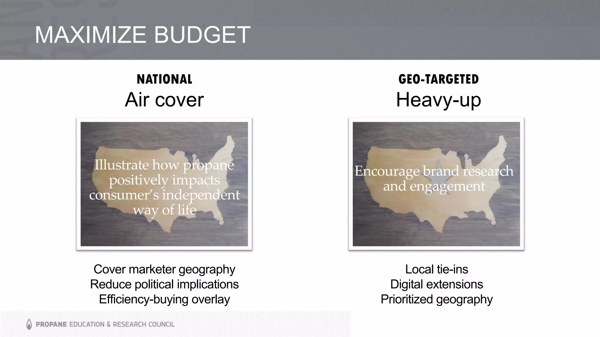 MAXIMIZE BUDGET
Illustrate how propane
positively impacts
consumer’s independent
way of life
Cover marketer geography
Reduce political implications
Efficiency-buying overlay
Encourage brand research
and engagement
Local tie-ins
Digital extensions
Prioritized geography
NATIONAL
Air cover
GEO-TARGETED
Heavy-up
 
