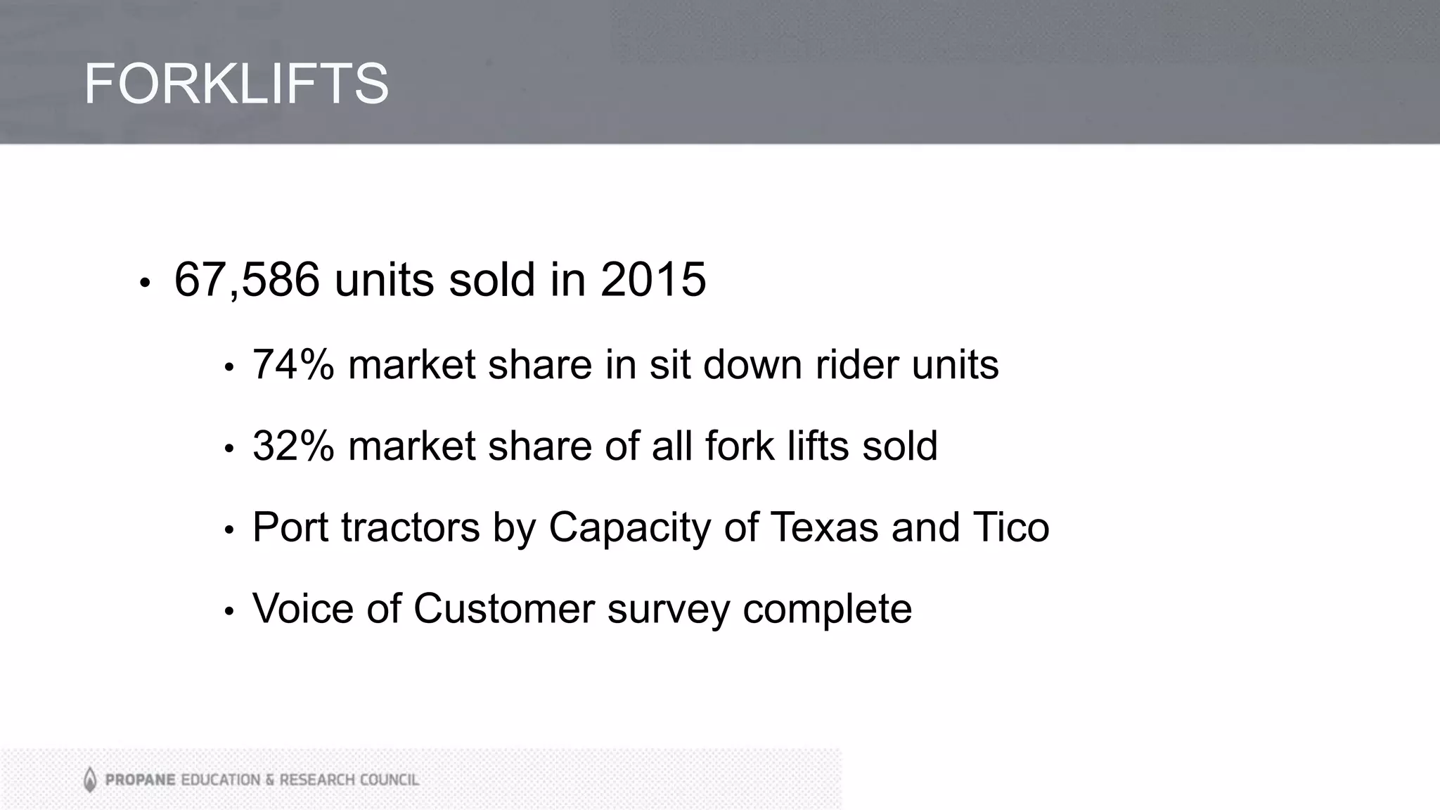 FORKLIFTS
• 67,586 units sold in 2015
• 74% market share in sit down rider units
• 32% market share of all fork lifts sold
• Port tractors by Capacity of Texas and Tico
• Voice of Customer survey complete
 