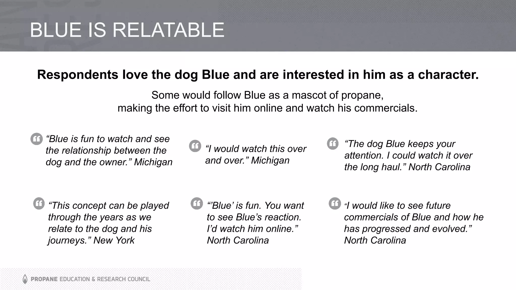 BLUE IS RELATABLE
Respondents love the dog Blue and are interested in him as a character.
Some would follow Blue as a mascot of propane,
making the effort to visit him online and watch his commercials.
“I would like to see future
commercials of Blue and how he
has progressed and evolved.”
North Carolina
“I would watch this over
and over.” Michigan
“The dog Blue keeps your
attention. I could watch it over
the long haul.” North Carolina
“’Blue’ is fun. You want
to see Blue’s reaction.
I’d watch him online.”
North Carolina
“This concept can be played
through the years as we
relate to the dog and his
journeys.” New York
“Blue is fun to watch and see
the relationship between the
dog and the owner.” Michigan
 
