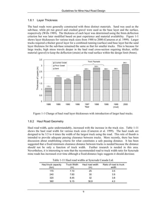 Guidelines for Mine Haul Road Design
9
1.8.1 Layer Thickness
The haul roads were generally constructed with three distinct materials. Sand was used as the
sub-base, while pit run gravel and crushed gravel were used as the base layer and the surface,
respectively (Wills 1989). The thickness of each layer was determined using the 8mm deflection
criterion but was later modified based on past experience and material availability. Figure 1-1
shows layer thicknesses for various truck sizes from 1988 to 2000 (Cameron et al. 1999). Larger
trucks required a thicker gravel layer for a combined running (surface) and base layer but the sand
layer thickness for the sub-base remained the same as that for smaller trucks. This is because for
large trucks, high stress travels deeper in the haul road cross-section requiring thicker, stiffer
material (gravel) to keep the deflection (strain) at the road surface within the design limit (8mm).
0
0.5
1
1.5
2
2.5
3
3.5
1988 1989 1990 1996 1997 1998 1999 1999
(mod)
2000
Year
ThicknessofLayers(m)
Crushed Gravel
Pitrun Gravel
Sand
170 t
Truck Payloads
170 t
170 t
240 t
320 t
320 t
360 t 360 t
360 t
Figure 1-1 Change of haul road layer thicknesses with introduction of larger haul trucks.
1.8.2 Haul Road Geometry
Haul road width, quite understandably, increased with the increase in the truck size. Table 1-11
shows the haul road width for various truck sizes (Cameron et al. 1999). The haul roads are
designed to be 3.5 to 4 times the width of the largest truck using the road. This rule of thumb is
intended to provide adequate passing clearance between trucks. More recently, there has been
discussion about establishing criteria for what constitutes a safe passing distance. It has been
suggested that a fixed minimum clearance distance between trucks is needed because the distance
should not be only a function of truck width. Further research is needed in this area.
Nevertheless, it is interesting to note that the recommended road to truck width ratio for Syncrude
mine roads has increased over time although a fixed-distance logic suggests it should decrease.
Table 1-11 Haul road widths at Syncrude Canada Ltd.
Haul truck capacity
(ton)
Truck Width
(m)
Haul road width
(m)
Ratio of road to truck
width
170 7.10 25 3.5
240 7.60 30 3.9
320 8.45 32 3.8
360 9.15 36.8 4.0
 
