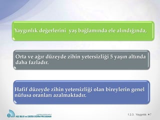 1.2.3. Yaygınlık 7
Yaygınlık değerlerini yaş bağlamında ele alındığında,
Orta ve ağır düzeyde zihin yetersizliği 5 yaşın altında
daha fazladır.
Hafif düzeyde zihin yetersizliği olan bireylerin genel
nüfusa oranları azalmaktadır.
 