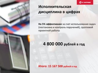 Исполнительская
дисциплина в цифрах
На 5% эффективнее за счет использования задач
(постановка и контроль поручений), групповой
проектной работы
Итого: 15 167 500 рублей в год
4 800 000 рублей в год
 