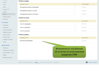 Возможность построения
16 отчетов по всем важным
разделам CRM
 