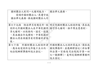 １１３
國財團法人有同一之權利能力。
前項外國財團法人，其遵守我
國法律之義務，與我國財團法人同
。
國法律之義務。
第六十九條 除法律另有規定外，經
認許之外國財團法人在中華民國得
享之權利，以依條約、協定、協議
、其本國法令或慣例，中華民國財
團法人得在該國享有同等權利者為
限。
明定外國財團法人經認許後，其在我
國得享之權利，採平等互惠原則。
第七十條 外國財團法人經認許者
，應自收受認許文件後十五日內，
向法院辦理事務所設立登記。
外國財團法人之認許其成立，須在我
國設事務所，並應辦理登記（非訟事
件法第一百條及司法院院字第一四
七一號解釋），爰明定須辦理事務所
設立登記。
行
政
院
行
政
院
第
3495次
院
會
會
議
1C34A487A0A7E462
 