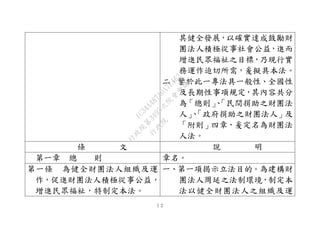 １２
其健全發展，以確實達成鼓勵財
團法人積極從事社會公益，進而
增進民眾福祉之目標，乃現行實
務運作迫切所需，爰擬具本法。
二、鑒於此一專法具一般性、全國性
及長期性事項規定，其內容共分
為「總則」、「民間捐助之財團法
人」、「政府捐助之財團法人」及
「附則」四章，爰定名為財團法
人法。
條 文 說 明
第一章 總 則 章名。
第一條 為健全財團法人組織及運
作，促進財團法人積極從事公益，
增進民眾福祉，特制定本法。
一、第一項揭示立法目的。為建構財
團法人周延之法制環境，制定本
法以健全財團法人之組織及運
行
政
院
行
政
院
第
3495次
院
會
會
議
1C34A487A0A7E462
 