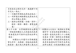 ５３
另有指定公開方式外，應選擇下列
方式之一為之：
一、刊載於新聞紙或其他出版品。
二、利用電信網路傳送或其他方式
供公眾線上查詢。
三、提供公開閱覽、抄錄、影印、
錄音、錄影、攝影、重製或複
製。
第二十七條 主管機關認有必要時
，得檢查財團法人之財產狀況及其
有無違反許可條件或其他法律之
規定。
財團法人不遵守主管機關監
督之命令，或規避、妨礙或拒絕其
檢查者，處行為人新臺幣三萬元以
一、財團法人之設立，既須經主管機
關許可，自當由其監督財團法人
之運作，爰依民法第三十二條規
定意旨，於第一項明定主管機關
認有必要時，得檢查其財產狀況
及其有無違反許可條件或其他
法律之規定，以促進財團法人健
行
政
院
行
政
院
第
3495次
院
會
會
議
1C34A487A0A7E462
 
