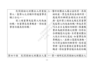 ６６
民間捐助之財團法人得置監
察人，監察人之名額不得逾董事名
額三分之一。
前二項董事及監察人均為無
給職。但董事長係專職者，得經董
事會決議為有給職。
三、鑒於財團法人屬公益性質，其捐
助財產、孳息及其他各項所得，
應使用於辦理各項設立目的業
務，爰於第三項本文規定其董事
及監察人均為無給職，俾免其等
巧立名目支領任何酬勞；惟兼職
費非為提供勞務之對價，仍得在
合理額度內支領。另考量財團法
人設立目的之達成，如董事長係
專職投入，並精心策劃及推動，
而不得支領任何酬勞時，恐有違
常理，爰於但書規定董事長係專
職者，得經董事會議決為有給職
。
第四十條 民間捐助之財團法人董 一、第一項明定民間捐助之財團法人
行
政
院
行
政
院
第
3495次
院
會
會
議
1C34A487A0A7E462
 