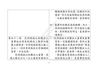 ６９
職權限期令其改選；屆期仍不改
選者，亦不宜無限期延長其任期
，而應自期限屆滿時，當然解任
。
四、董事於任期屆滿前辭職、死亡，
或因故被解任時，得另選他人繼
任，其任期宜有明文，爰為第四
項規定。
第四十一條 民間捐助之財團法人
董事相互間有配偶或三親等內親
屬之關係者，不得超過其總人數三
分之一。但性質特殊經主管機關核
准者，不在此限。
民間捐助之財團法人董事，其
總人數五分之ㄧ以上應具有與設立
一、民間捐助之財團法人董事及董事
間有一定親屬關係者，其所占董
事總人數比率應有所限制，俾免
受家族操控，致影響財團法人之
正常運作，爰為第一項本文規定
。惟若屬性質特殊之財團法人（
例如祭祀公業），其董事依例係
行
政
院
行
政
院
第
3495次
院
會
會
議
1C34A487A0A7E462
 