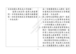 ７０
目的相關之專長或工作經驗。
監察人相互間、監察人與董事
間，不得有配偶或三親等內親屬關
係。但性質特殊經主管機關核准者
，不在此限。
由一定親屬關係之人擔任，爰於
但書規定性質特殊經主管機關
核准者，不在此限。
二、第二項明定董事總人數中，應有
一定比率以上之董事具有與設
立目的相關之專長或工作經驗
，以利財團法人業務之推行。
三、另鑒於監察人係監督董事業務之
執行，應超然獨立行使職權，爰
於第三項本文明定監察人相互
間及監察人與董事間，不得有一
定之親屬關係，以發揮監察功能
。惟若屬性質特殊之財團法人，
例如祭祀公業，其監察人依例係
由一定親屬關係之人擔任，爰於
行
政
院
行
政
院
第
3495次
院
會
會
議
1C34A487A0A7E462
 