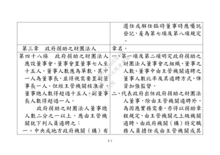 ８３
選任或解任臨時董事時應囑託
登記，爰為第七項及第八項規定
。
第三章 政府捐助之財團法人 章名。
第四十八條 政府捐助之財團法人
應設董事會。董事會置董事七人至
十五人，董事人數應為單數，其中
一人為董事長，並得視需要置副董
事長一人。但經主管機關核准者，
董事總人數得超過十五人，副董事
長人數得超過一人。
政府捐助之財團法人董事總
人數二分之一以上，應由主管機
關就下列人員遴聘之：
一、中央或地方政府機關（構）有
一、第一項及第二項明定政府捐助之
財團法人董事會之組織、董事之
人數、董事中由主管機關遴聘之
董事人數比率及其遴聘方式，俾
資加強監督。
二、代表政府出任政府捐助之財團法
人董事，除由主管機關遴聘外，
為因應實務需要，亦得以捐助章
程規定，由主管機關之上級機關
遴聘、由政府機關（構）特定職
務人員擔任或由主管機關或其
行
政
院
行
政
院
第
3495次
院
會
會
議
1C34A487A0A7E462
 