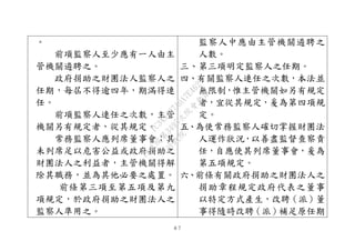 ８７
。
前項監察人至少應有一人由主
管機關遴聘之。
政府捐助之財團法人監察人之
任期，每屆不得逾四年，期滿得連
任。
前項監察人連任之次數，主管
機關另有規定者，從其規定。
常務監察人應列席董事會；其
未列席足以危害公益或政府捐助之
財團法人之利益者，主管機關得解
除其職務，並為其他必要之處置。
前條第三項至第五項及第九
項規定，於政府捐助之財團法人之
監察人準用之。
監察人中應由主管機關遴聘之
人數。
三、第三項明定監察人之任期。
四、有關監察人連任之次數，本法並
無限制，惟主管機關如另有規定
者，宜從其規定，爰為第四項規
定。
五、為使常務監察人確切掌握財團法
人運作狀況，以善盡監督查察責
任，自應使其列席董事會，爰為
第五項規定。
六、前條有關政府捐助之財團法人之
捐助章程規定政府代表之董事
以特定方式產生，改聘（派）董
事得隨時改聘（派）補足原任期
行
政
院
行
政
院
第
3495次
院
會
會
議
1C34A487A0A7E462
 
