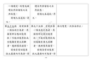 140
一項規定，改變或破
壞自然保留區之自
然狀態。
前項之未遂犯，罰
之。
壞自然保留區之自
然狀態。
前項之未遂犯，罰
之。
第九十九條 有前條第
一項各款行為者，其
損害部分應回復原
狀；不能回復原狀或
回復顯有重大困難
者，應賠償其損害。
前項負有回復原
狀之義務而不為者，得
第九十五條 有前條第
一項各款行為者，其
損害部分應回復原
狀；不能回復原狀或
回復顯有重大困難
者，應賠償其損害。
前項負有回復原
狀之義務而不為者，得
條次變更，內容未修正。
行
政
院
行
政
院
第
3495次
院
會
會
議
D269107B74497AF4
 