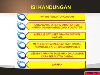 APA ITU PENGATURCARAAN
KAITAN ANTARA SET ARAHAN AKTIVITI
HARIAN DENGAN ATUR CARA KOMPUTER
MENULIS SATU SET ARAHAN AKTIVITI
HARIAN
MENULIS SET ARAHAN AKTIVITI HARIAN
KEPADA SET ATUR CARA KOMPUTER
MEMBINA ARAHAN TAMBAHAN DALAM ATUR
CARA PERALATAN DIGITAL
LATIHAN
ISI KANDUNGAN
TMK T6
 