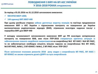 За період з 01.01.2016 по 31.12.2018 заплановано вивезення:
 900 ВТВЗ ВВЕР-1000;
 144 одиниці ВЯП ВВЕР-440
При цьому російська сторона займає достатньо жорстку позицію та пов’язує продовження
вивезення ВЯП з АЕС України з підписанням контракту на повернення до України
високоактивних радіоактивних відходів (ВАВ), отриманих внаслідок надання послуг з
переробки ВЯП для ВВЕР-440
У випадку неможливості запланованого вивезення ВЯП до РФ внаслідок непідписання
контракту на повернення ВАВ, вже після ППР-2016 створюється критична ситуація із
забезпеченням повного аварійного вивантаження на енергоблоці №2 ВП ХАЕС і №4 ВП РАЕС,
та не забезпечується необхідна кількість вільних чарунок на енергоблоках №1 ВП ХАЕС,
№3 ВП РАЕС, №№1, 2 ВП ЮУАЕС і №№1, 2 ВП РАЕС після ППР-2017
Після закінчення планових ремонтів 2018 року жоден з енергоблоків ВП РАЕС, ВП ХАЕС і
ВП ЮУАЕС не зможе отримати дозвіл ДІЯРУ на пуск енергоблоків
21
ПОВОДЖЕННЯ З ВЯП НА ВП АЕС УКРАЇНИ
У 2016-2018 РОКАХ (ПРОДОВЖЕННЯ)
 
