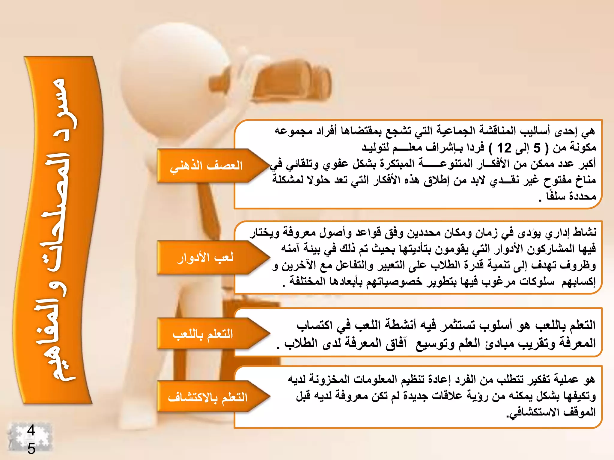 4
5
‫التعلم‬‫باالكتش‬‫اف‬
‫المعلومات‬ ‫تنظيم‬ ‫إعادة‬ ‫الفرد‬ ‫من‬ ‫تتطلب‬ ‫تفكير‬ ‫عملية‬ ‫هو‬‫لدي‬ ‫المخزونة‬‫ه‬
‫قب‬ ‫لديه‬ ‫معروفة‬ ‫تكن‬ ‫لم‬ ‫جديدة‬ ‫عالقات‬ ‫رؤية‬ ‫من‬ ‫يمكنه‬ ‫بشكل‬ ‫وتكيفها‬‫ل‬
‫الموقف‬‫االستكشافي‬.
‫مجموع‬ ‫أفراد‬ ‫بمقتضاها‬ ‫تشجع‬ ‫التي‬ ‫الجماعية‬ ‫المناقشة‬ ‫أساليب‬ ‫إحدى‬ ‫هي‬‫ه‬
‫من‬ ‫مكونة‬(5‫إلى‬12)‫لتوليـد‬ ‫معلــــم‬ ‫بـإشراف‬ ‫فردا‬
‫أكبر‬‫وتلقائي‬ ‫عفوي‬ ‫بشكل‬ ‫المبتكرة‬ ‫المتنوعــــــة‬ ‫األفكــار‬ ‫من‬ ‫ممكن‬ ‫عدد‬‫في‬
‫لمشك‬ ‫حلوال‬ ‫تعد‬ ‫التي‬ ‫األفكار‬ ‫هذه‬ ‫إطالق‬ ‫من‬ ‫البد‬ ‫نقـــدي‬ ‫غير‬ ‫مفتوح‬ ‫مناخ‬‫لة‬
‫ا‬‫ا‬‫ف‬‫سل‬ ‫محددة‬.
‫الذهني‬ ‫العصف‬
‫ويخت‬ ‫معروفة‬ ‫وأصول‬ ‫قواعد‬ ‫وفق‬ ‫محددين‬ ‫ومكان‬ ‫زمان‬ ‫في‬ ‫يؤدى‬ ‫إداري‬ ‫نشاط‬‫ار‬
‫آ‬ ‫بيئة‬ ‫في‬ ‫ذلك‬ ‫تم‬ ‫بحيث‬ ‫بتأديتها‬ ‫يقومون‬ ‫التي‬ ‫األدوار‬ ‫المشاركون‬ ‫فيها‬‫منه‬
‫و‬ ‫اآلخرين‬ ‫مع‬ ‫والتفاعل‬ ‫التعبير‬ ‫على‬ ‫الطالب‬ ‫قدرة‬ ‫تنمية‬ ‫إلى‬ ‫تهدف‬ ‫وظروف‬
‫إكسابهم‬‫سلوكات‬‫المختلفة‬ ‫بأبعادها‬ ‫خصوصياتهم‬ ‫بتطوير‬ ‫فيها‬ ‫مرغوب‬.
‫اكتس‬ ‫في‬ ‫اللعب‬ ‫أنشطة‬ ‫فيه‬ ‫تستثمر‬ ‫أسلوب‬ ‫هو‬ ‫باللعب‬ ‫التعلم‬‫اب‬
‫المعرفة‬‫الطال‬ ‫لدى‬ ‫المعرفة‬ ‫آفاق‬ ‫وتوسيع‬ ‫العلم‬ ‫مبادئ‬ ‫وتقريب‬‫ب‬.
‫التعلم‬‫باللع‬‫ب‬
‫األدوار‬ ‫لعب‬
 