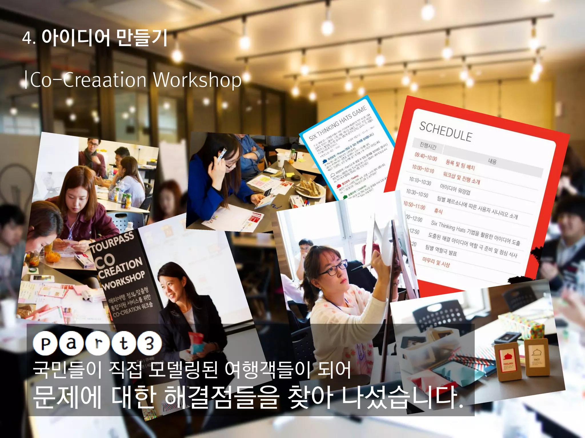 m.tourpass.go.kr
|Co-Creaation Workshop
4. 아이디어 만들기
국민들이 직접 모델링된 여행객들이 되어
문제에 대한 해결점들을 찾아 나섰습니다.
 