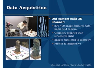 Data Acquisition
• Our custom-built 3D
Scanner:
• 200-400 image captured with
hand-held camera
• Geometry scanned with
structured-light
• Images registered to geometry
• Precise & inexpensive
Chen et al., Light Field Maping, SIGGRAPH 2002
 