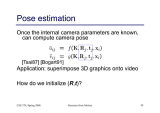 Structure from Motion 85
Pose estimation
Once the internal camera parameters are known,
can compute camera pose
[Tsai87] [Bogart91]
Application: superimpose 3D graphics onto video
How do we initialize (R,t)?
CSE 576, Spring 2008
 