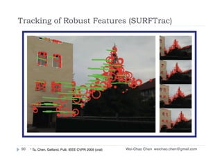 Wei-Chao Chen
Tracking of Robust Features (SURFTrac)
weichao.chen@gmail.com90 * Ta, Chen, Gelfand, Pulli, IEEE CVPR 2009 (oral)
 