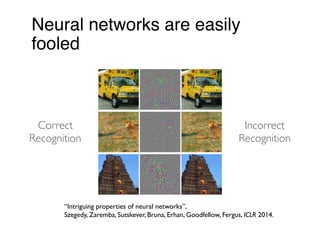 Neural networks are easily
fooled
“Intriguing properties of neural networks”,
Szegedy, Zaremba, Sutskever, Bruna, Erhan, Goodfellow, Fergus, ICLR 2014.
Correct
Recognition
Incorrect
Recognition
 
