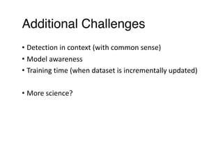 Additional Challenges
• Detection	in	context	(with	common	sense)	
• Model	awareness	
• Training	time	(when	dataset	is	incrementally	updated)	
• More	science?
 
