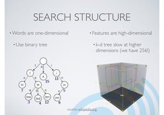 SEARCH STRUCTURE
•Words are one-dimensional
•Use binary tree
• Features are high-dimensional
•k-d tree slow at higher
dimensions (we have 256!)
source: wikipedia.org
 