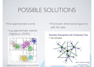 POSSIBLE SOLUTIONS
•Find approximate words
•e.g. approximate nearest
neighbour (ANN)
•Find lower dimensional space to
split the data
•e.g. scalable vocabulary tree
https://www.cs.umd.edu/~mount/ANN/
 
