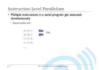 Wei-Chao Chen (weichao.chen@gmail.com)
Instruction-Level Parallelism
7
} Multiple instructions in a serial program get executed
simultaneously
} Superscalar, etc
A=A+1
B=B+1
C=C+A
C=C+B
…
T=0
 