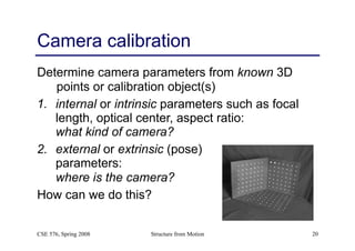 Structure from Motion 20
Camera calibration
Determine camera parameters from known 3D
points or calibration object(s)
1. internal or intrinsic parameters such as focal
length, optical center, aspect ratio: 
what kind of camera?
2. external or extrinsic (pose) 
parameters: 
where is the camera?
How can we do this?
CSE 576, Spring 2008
 