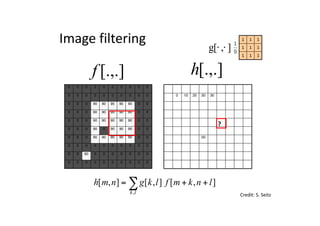 0 10 20 30 30
50
0 0 0 0 0 0 0 0 0 0
0 0 0 0 0 0 0 0 0 0
0 0 0 90 90 90 90 90 0 0
0 0 0 90 90 90 90 90 0 0
0 0 0 90 90 90 90 90 0 0
0 0 0 90 0 90 90 90 0 0
0 0 0 90 90 90 90 90 0 0
0 0 0 0 0 0 0 0 0 0
0 0 90 0 0 0 0 0 0 0
0 0 0 0 0 0 0 0 0 0
[.,.]h[.,.]f
Image	filtering
111
111
111
],[g ⋅⋅
Credit:	S.	Seitz
?
],[],[],[
,
lnkmflkgnmh
lk
++= ∑
 