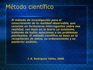 El método de investigación para el
conocimiento de la realidad observable, que
consiste en formularse interrogantes sobre esa
realidad, con base en la teoría ya existente,
tratando de hallar soluciones a los problemas
planteados. El método científico se basa en la
recopilación de datos, su ordenamiento y su
posterior análisis.
J. R. Rodríguez Yáñez, 2000
Método científico
 