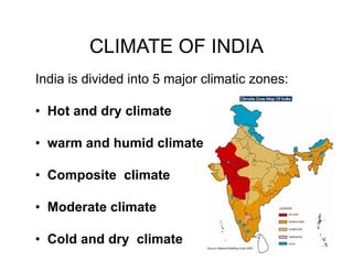 CLIMATE OF INDIA
India is divided into 5 major climatic zones:
• Hot and dry climate
• warm and humid climate
• Composite climate
• Moderate climate
• Cold and dry climate
 