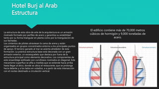 Hotel Burj al Arab
Estructura
La estructura de esta obra de arte de la arquitectura es un armazón
riostrado formado por perfiles de acero y garantiza su estabilidad
tanto por su forma triangular en planta como por la triangulación de
sus fachadas.
Los cimientos de pilotes atraviesan la cama de arena y están
organizados en grupos concentrados entorno a los principales puntos
de apoyo. El terreno ganado al mar se asienta alrededor de esta
formación. La práctica estructura base está decorada con un gran
armazón exterior, un exoesqueleto que destaca por fuera de la
estructura principal como elemento decorativo. Los componentes de
este ensamblaje estilizado son curvilíneos riostrados en diagonal. Este
mecanismo superfluo se afila a medida que se extiende hacia arriba
hasta llegar al ático, donde se ubica el restaurante, que se prolonga
hacia delante y a los lados en voladizo, a a partir de esta intersección
con el núcleo destinado a circulación vertical.
El edificio contiene más de 70,000 metros
cúbicos de hormigón y 9,000 toneladas de
acero.
 