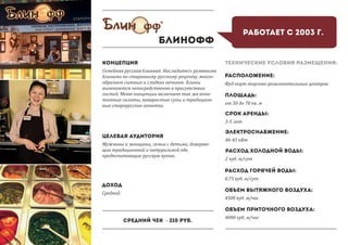 Блинофф
Работает с 2003 г.
Концепция
Семейная русская блинная. Насладитесь румяными
блинами по старинному русскому рецепту, много-
образием сытных и сладких начинок. Блины
выпекаются непосредственно в присутствии
гостей. Меню концепции включает так же аппе-
титные салаты, наваристые супы и традицион-
ные старорусские напитки.
целевая аудитория
Мужчины и женщины, семьи с детьми, доверяю-
щие традиционной и натуральной еде,
предпочитающие русскую кухню.
Доход
Средний
средний чек - 210 руб.
Технические условия размещения:
Срок аренды:
3-5 лет
площадь:
от 50 до 70 кв. м
Расположение:
Фуд-корт торгово-развлекательных центров.
Электроснабжение:
40-45 кВт
Расход холодной воды:
2 куб. м/сут
Расход горячей воды:
0,75 куб. м/сут
Объем вытяжного воздуха:
4500 куб. м/час
Объем приточного воздуха:
4000 куб. м/час
 