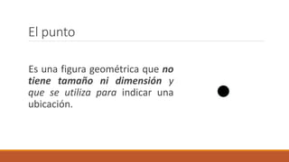 El punto
Es una figura geométrica que no
tiene tamaño ni dimensión y
que se utiliza para indicar una
ubicación.
 