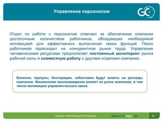 Return to topic list 34
Отдел по работе с персоналом отвечает за обеспечение компании
достаточным количеством работников, обладающих необходимой
мотивацией для эффективного выполнения своих функций. Поиск
работников происходит на конкурентном рынке труда. Управление
человеческими ресурсами предполагает постоянный мониторинг рынка
рабочей силы и совместную работу с другими отделами компании.
Болезни, прогулы, беспорядки, забастовки будут влиять на расходы
компании. Финансовое вознаграждение влияет на успех компании, в том
числе мотивацию управленческого звена.
Брифинг Global Management Challenge
Управление персоналом
 