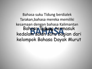 Bahasa suku Tidung berdialek
Tarakan,bahasa mereka memiliki
kesamaan dengan bahasa Kalimantan
lainnya.Bahasa Tidung termasuk
kedalam salah satu bagian dari
kelompok Bahasa Dayak Murut
 