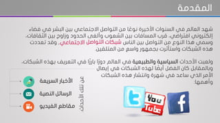 ‫المقدمة‬
‫ف‬ ‫في‬ ‫البشر‬ ‫بين‬ ‫االجتماعي‬ ‫التواصل‬ ‫من‬ ‫ا‬ ‫ا‬‫نوع‬ ‫األخيرة‬ ‫السنوات‬ ‫في‬ ‫العالم‬ ‫شهد‬‫ضاء‬
‫الثق‬ ‫بين‬ ‫وزاوج‬ ‫الحدود‬ ‫وألغى‬ ‫الشعوب‬ ‫بين‬ ‫المسافات‬ ‫قرب‬ ،‫افتراضي‬ ‫إلكتروني‬،‫افات‬
‫من‬ ‫النوع‬ ‫هذا‬ ‫وسمي‬‫التواصل‬‫الناس‬ ‫بين‬,‫تعددت‬ ‫وقد‬
‫المتلقين‬ ‫من‬ ‫واسع‬ ‫بجمهور‬ ‫واستأثرت‬ ‫الشبكات‬ ‫هذه‬.
‫شبكات‬‫التواصل‬‫االجتماعي‬
‫األحداث‬ ‫ولعبت‬‫السياسية‬‫والطبيعية‬‫ا‬ ‫بهذه‬ ‫التعريف‬ ‫في‬ ‫اا‬‫ز‬‫بار‬ ‫ا‬‫ا‬‫ر‬‫دو‬ ‫العالم‬ ‫في‬،‫لشبكات‬
‫إيصال‬ ‫في‬ ‫الشبكات‬ ‫لهذه‬ ‫ا‬ ‫ا‬‫أيض‬ ‫الفضل‬ ‫كان‬ ‫وبالمقابل‬
‫السريعة‬ ‫األخبار‬
‫النصية‬ ‫الرسائل‬
‫الفيديو‬ ‫مقاطع‬
‫األحداث‬‫تلك‬‫عن‬.
‫هذه‬ ‫وانتشار‬ ‫شهرة‬ ‫في‬ ‫ساعد‬ ‫الذي‬ ‫األمر‬‫الشبكات‬
‫وأهمها‬:
 