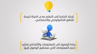 ‫نتي‬ ‫الحياة‬ ‫مدى‬ ‫التعلم‬ ‫إلى‬ ‫الحاجة‬ ‫ازدياد‬‫جة‬
‫واالجتماعي‬ ‫التكنولوجي‬ ‫للتطور‬.
‫فتزاي‬ ‫واألشخاص‬ ‫المعلومات‬ ‫الى‬ ‫الوصول‬ ‫زيادة‬‫د‬
‫إليها‬ ‫الوصول‬ ‫نستطيع‬ ‫التي‬ ‫المعلومات‬ ‫حجم‬.
 