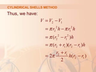 Thus, we have:
2 1
2 2
2 1
2 2
2 1
2 1 2 1
2 1
2 1
( )
( )( )
2 ( )
2
V V V
r h r h
r r h
r r r r h
r r
h r r
π π
π
π
π
= −
= −
= −
= + −
+
= −
CYLINDRICAL SHELLS METHOD
 