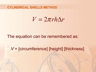 The equation can be remembered as:
V = [circumference] [height] [thickness]
CYLINDRICAL SHELLS METHOD
2V rh rπ= ∆
 