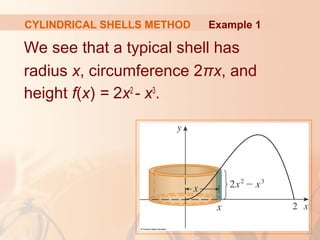 We see that a typical shell has
radius x, circumference 2πx, and
height f(x) = 2x2
- x3
.
Example 1CYLINDRICAL SHELLS METHOD
 