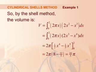 So, by the shell method,
the volume is:
( ) ( )
( )
( )
2
2 3
0
2
3 4
0
24 51 1
2 5 0
32 16
5 5
2 2
2 (2 )
2
2 8
π
π
π
π π
= −
= −
 = − 
= − =
∫
∫
V x x x dx
x x x dx
x x
Example 1CYLINDRICAL SHELLS METHOD
 