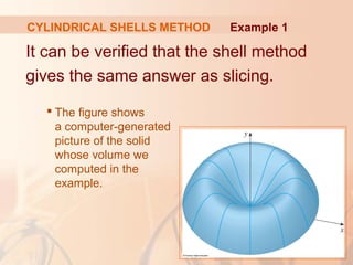 It can be verified that the shell method
gives the same answer as slicing.
 The figure shows
a computer-generated
picture of the solid
whose volume we
computed in the
example.
Example 1CYLINDRICAL SHELLS METHOD
 